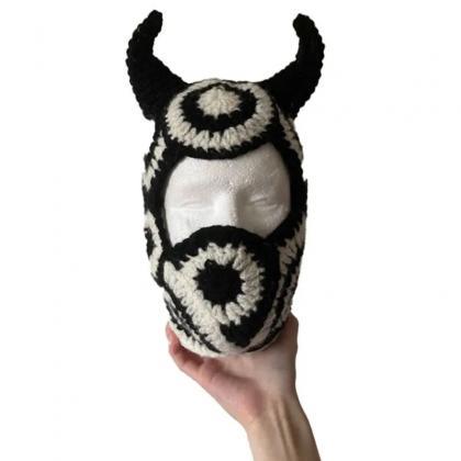 Crochet Balaclava Horns Woolen Hat Winter Outdoor..