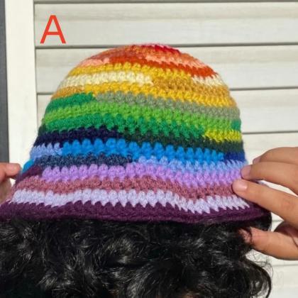 Rainbow Striped Straw Fisherman Hat..