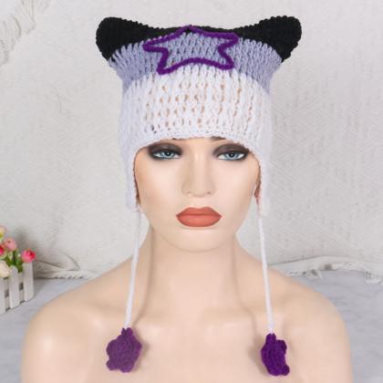 Y2k Cat Ear Hairball Beanies Hat Striped Knitted..