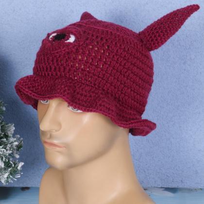 Cute Horn Hat Men Women Cute Knit Bucket Hat Devil..