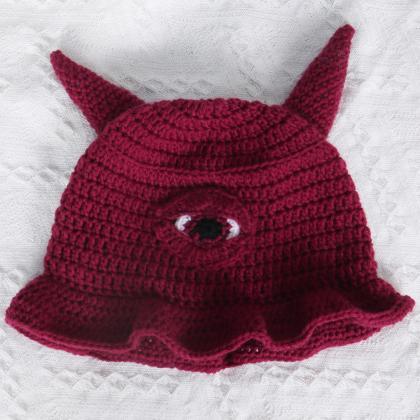 Cute Horn Hat Men Women Cute Knit Bucket Hat Devil..