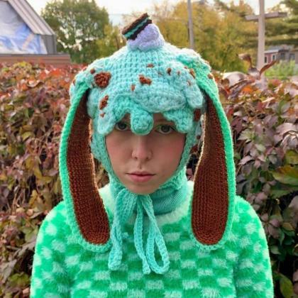 Halloween Knitted Balaclava Long Bunny Ears Hat..