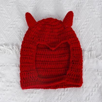 Novelty Horns Knitted Hat Full Face Mask Wool Hat..