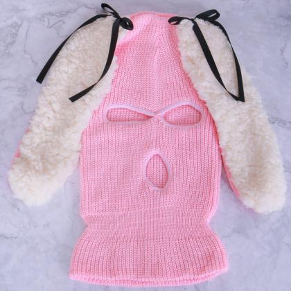 2023 Big Rabbit Ears Knitted Hat Thick Warm Fleece..