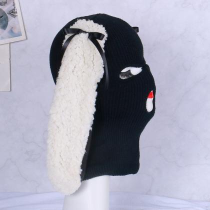 2023 Big Rabbit Ears Knitted Hat Thick Warm Fleece..