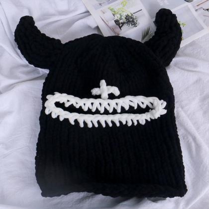 Crochet Elastic Windproof Devil Horn Balaclava Hat..