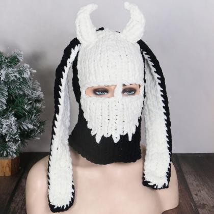 Big Rabbit Ears Handmade Knitted Hat Full Face..