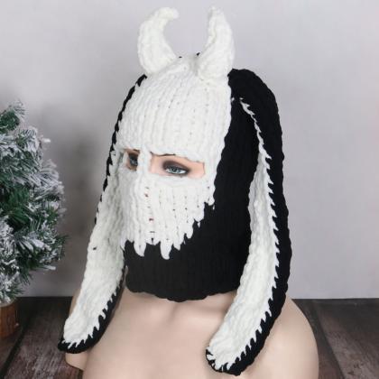 Big Rabbit Ears Handmade Knitted Hat Full Face..