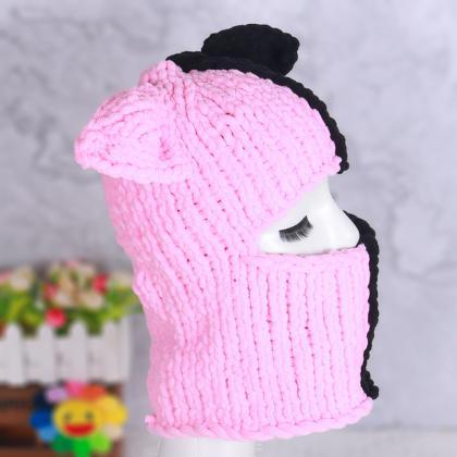 Funny Ears Knitted Hat Beanie Contrast Color Heart..