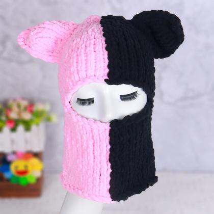 Funny Ears Knitted Hat Beanie Contrast Color Heart..