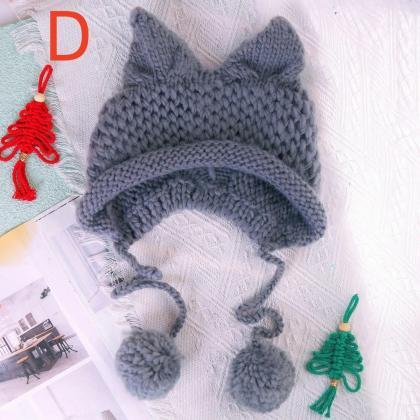 Cat Ear Knitted Wool Beanie Little Devil Cap Y2k..
