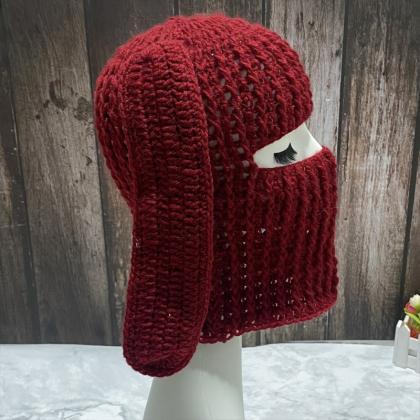 Rabbit Ears Knitted Hat Thick Warm Fleece Hat Mask..