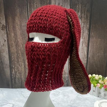 Rabbit Ears Knitted Hat Thick Warm Fleece Hat Mask..