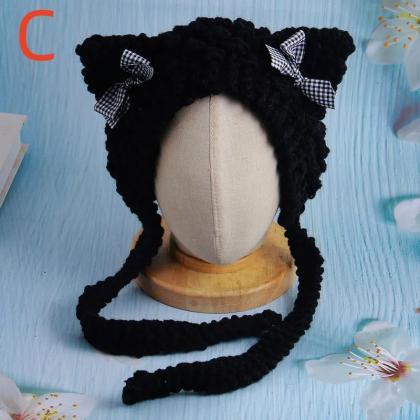 2023 Girls Cat Ear Bow Hat Sweet Lace Tie Hat Warm..