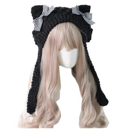2023 Girls Cat Ear Bow Hat Sweet Lace Tie Hat Warm..