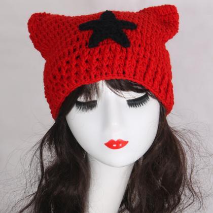 Cute Cat Ears Beanie Hats For Women Winter Striped..