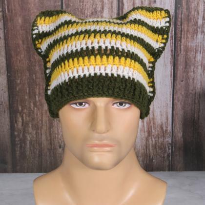 Hand Knitted Cat Pullover Hat With Ears Y2k Star..
