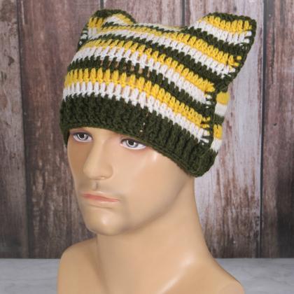 Hand Knitted Cat Pullover Hat With Ears Y2k Star..