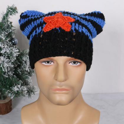 Girl Cartoon Cat Ear Knit Beanie Hat Y2k-style..