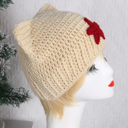 Y2k Style Handmade Cat Ear Shape Hat Knit Winter..