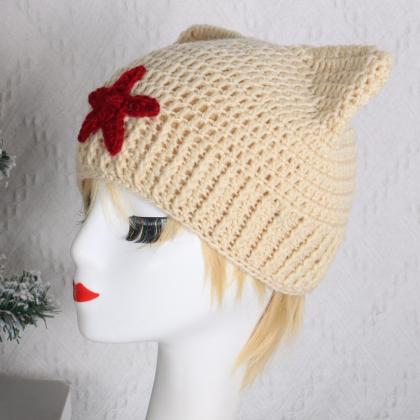 Y2k Style Handmade Cat Ear Shape Hat Knit Winter..