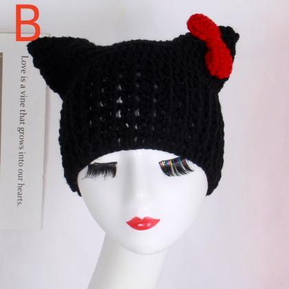 Y2k Crochet Handmade Cat Ear Hat Soft Winter..