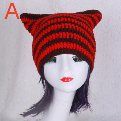 Adult Knit Cat Ear Hat With Dangle Decors Students..