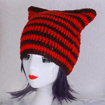Adult Knit Cat Ear Hat With Dangle Decors Students..