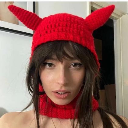 Harajuku Women Halloween Hat Horn Shape Knitting..