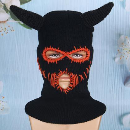 Women Knitted Caps With Devil Horns Halloween..