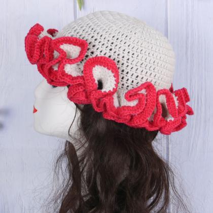 Sweet Girls Crochet Ruffled Brim Bucket Hat Ladies..