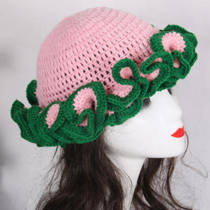 2024 Handmade Knit Bucket Hat For Woman Weaving..