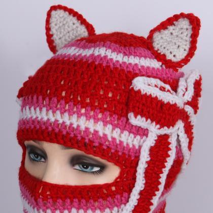 Winter Warm Y2k Niche Cute Cat Ears Striped..