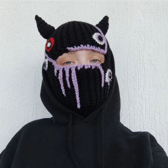Funny Horns Knitted Hat Balaclava Mask Winter Knitted Hat Full Face Cover Headwear Unisex Cute Knit Mask For Women Mens Balaclava Fashion