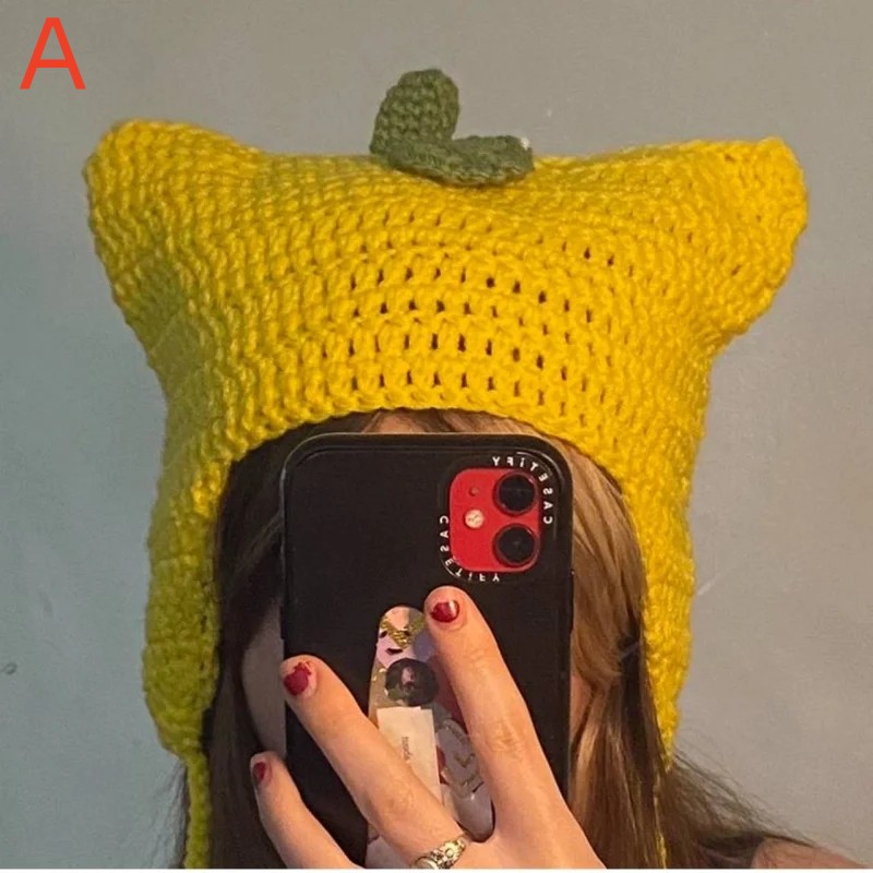 Y2k Trend Harajuku Beanie Hat Fruit Pendant Beanies Women Knitted Cat Ear Punk Cap Fashion Designer Winter Warmer Bonnet Gorras