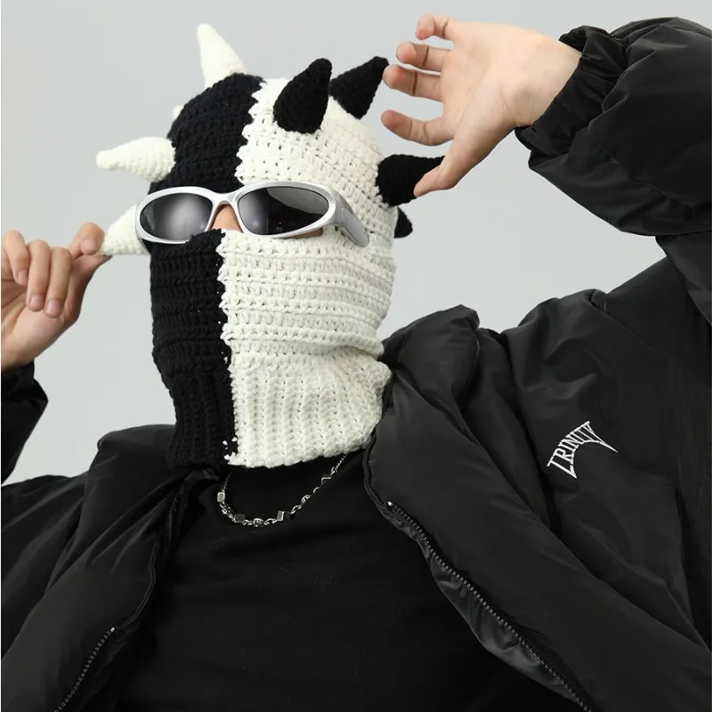 Winter Beanie Warm Knit Hat With Devil Horns Pranky Halloween Ski Masks Novelty Horns Knitted Hats Full Face Mask Wool Hat