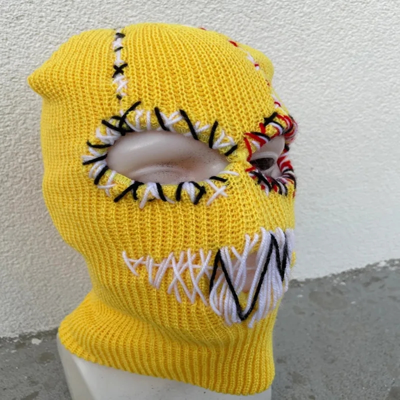 Halloween Balaclava Knit Beanie Hat Scary Teeth Robber Head Covering Party Holiday Winter Warm Hat Full-head Grimace
