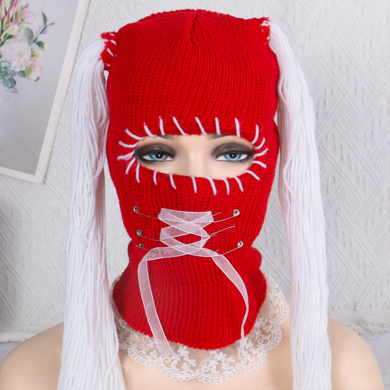 Handmade Knitted Pullover Girls Funny Cap Lace Edge Winter Warm Face Mask Halloween Party Fun Dress Up Autumn And Winter Warm