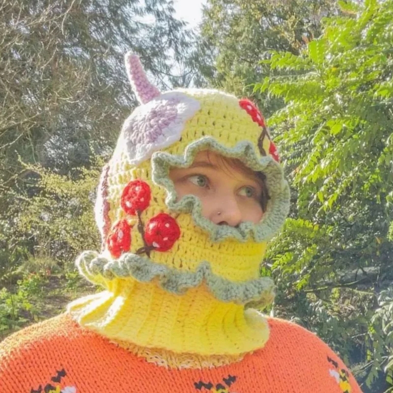 2023 Halloween Unisex Knitted Balaclava Hat Devil's Horn Winter Warm Adult Party Funny Beanies Cap Handmade Bonnet