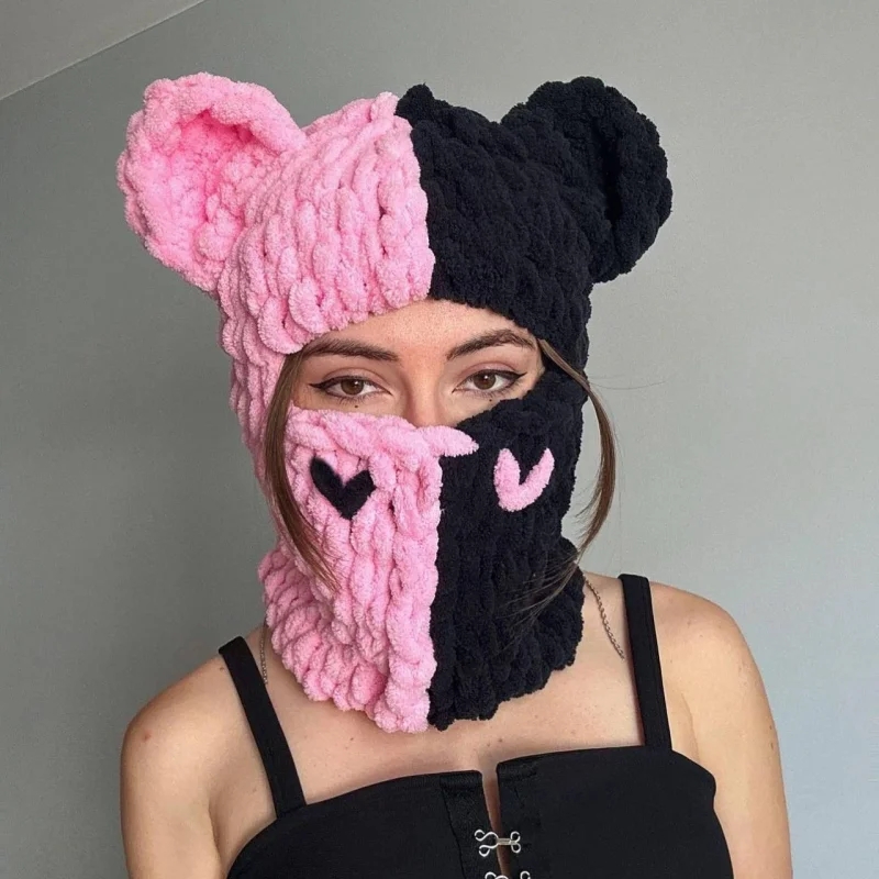 Cute Full Face 모자 Cover Ski Mask Hat With Bear Ear Balaclava Knitted Hats Windproof Skullies Beanies Winter Warm Unisex Caps