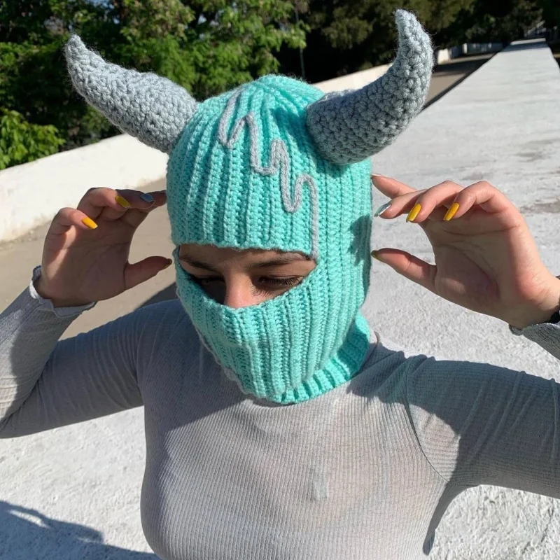 Halloween Horn Devil Hat Women Autumn And Winter Knitted Colorful Picture Props Y2k-girl Hat With Crocheted Angel Horn Hat