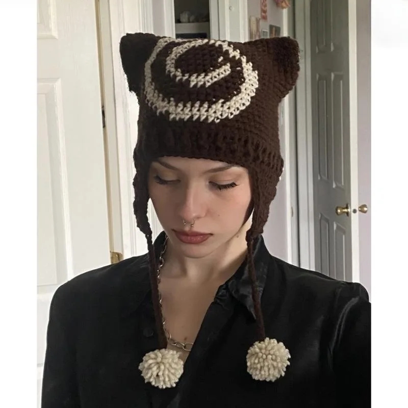 Y2k Aesthetics Kawaii Knitted Hats 2000s Retro Fairy Grunge Crochet Caps Korean Vintage Cute Autumn Winter Apparel Accessories
