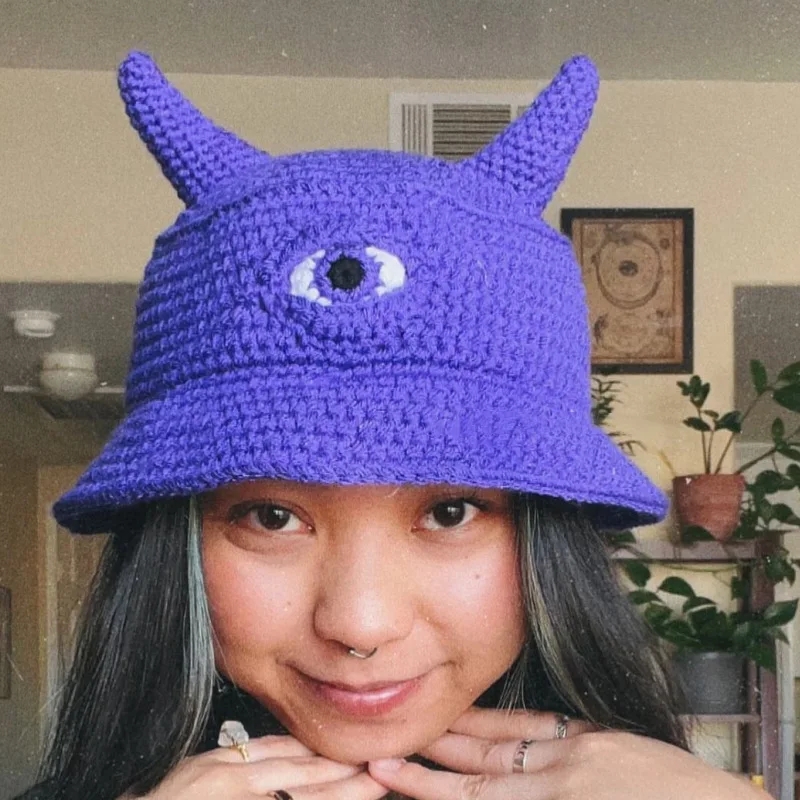 Men Women Cute Knit Bucket Hat Devil Horns Single Eye Halloween Cap Warm Hats Unisex For Teens Adults