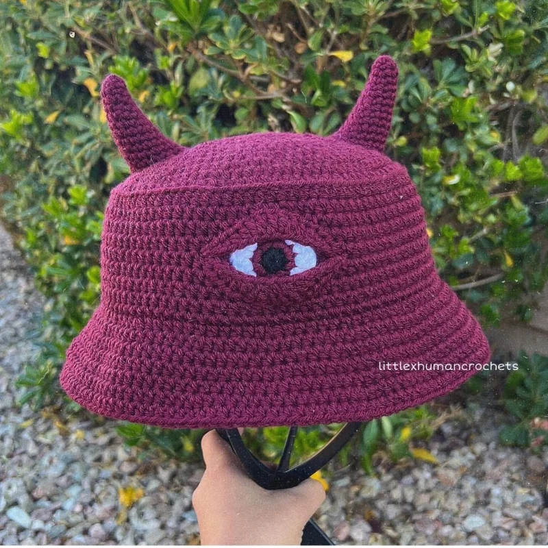 Cute Horn Hat Men Women Cute Knit Bucket Hat Devil Horns Single Eye Halloween Cap Warm Hats Unisex For Teens Adults