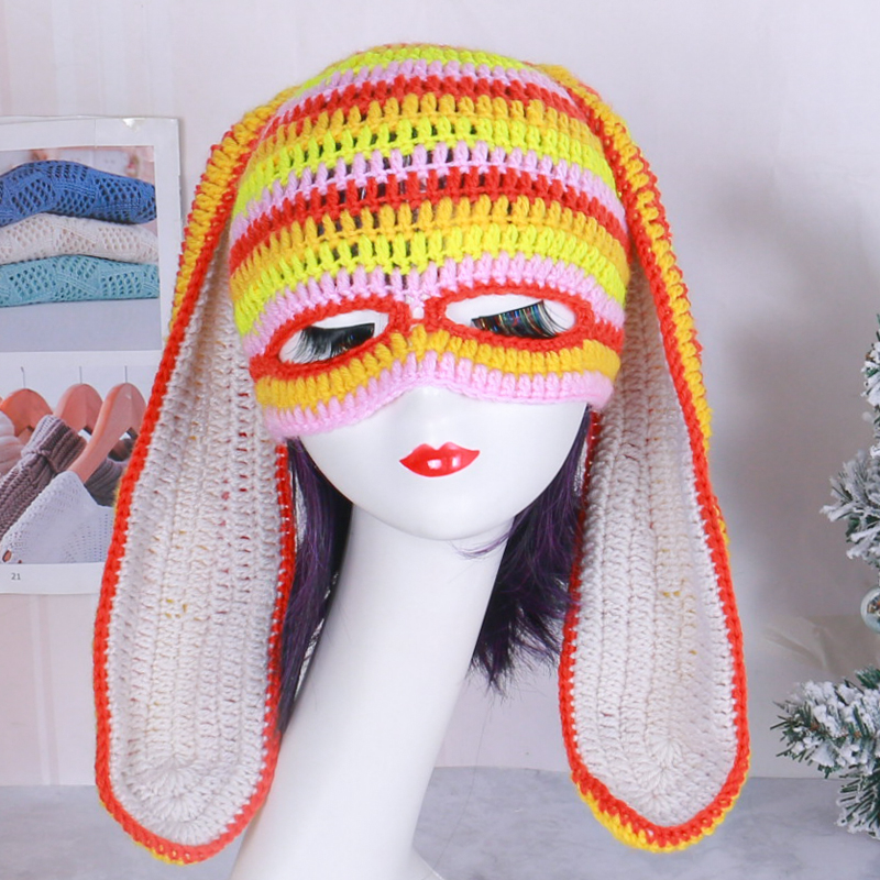 2023 Halloween Knitted Hat Kawaii Balaclava Long Bunny Ears Wool Hats Chic Women Cute Earflap Cap Warm Head Warmer Winter Hats
