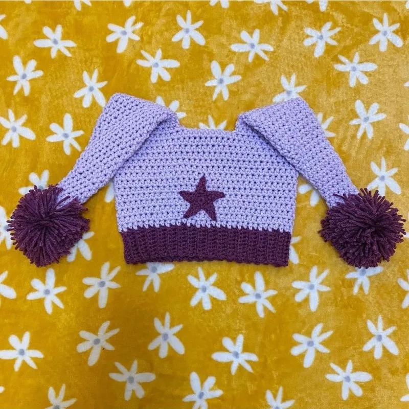 Cute Funny Knitted Star Pattern Hat Women Windproof Winter Handmade Double Long Ears Beanie