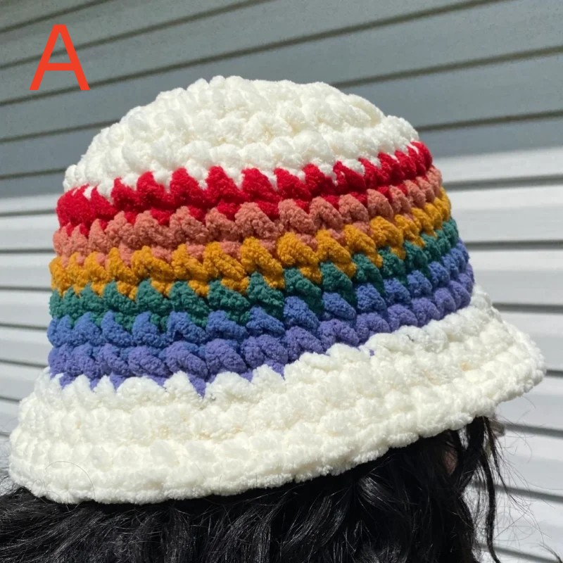 Fall/winter Faux Comfort Fabric Rainbow Striped Women's Bucket Hat Thick Warm Women's Fluffy Panama Hat Outdoor Velvet