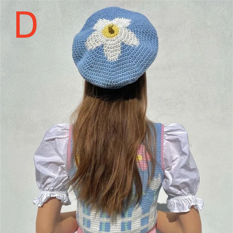 2023 Spring Summer Beret Girl Sweet Flower Hat Handmade Knitted Woolen Hat Spring Travel Versatile Bud Hat