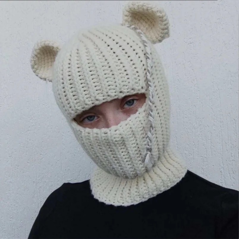 Man Halloween Y2k Balaclava Bear Ear Hat Unisex Windproof Bear Ears Women Warm Riding Integrated Scarf Beanie Hat