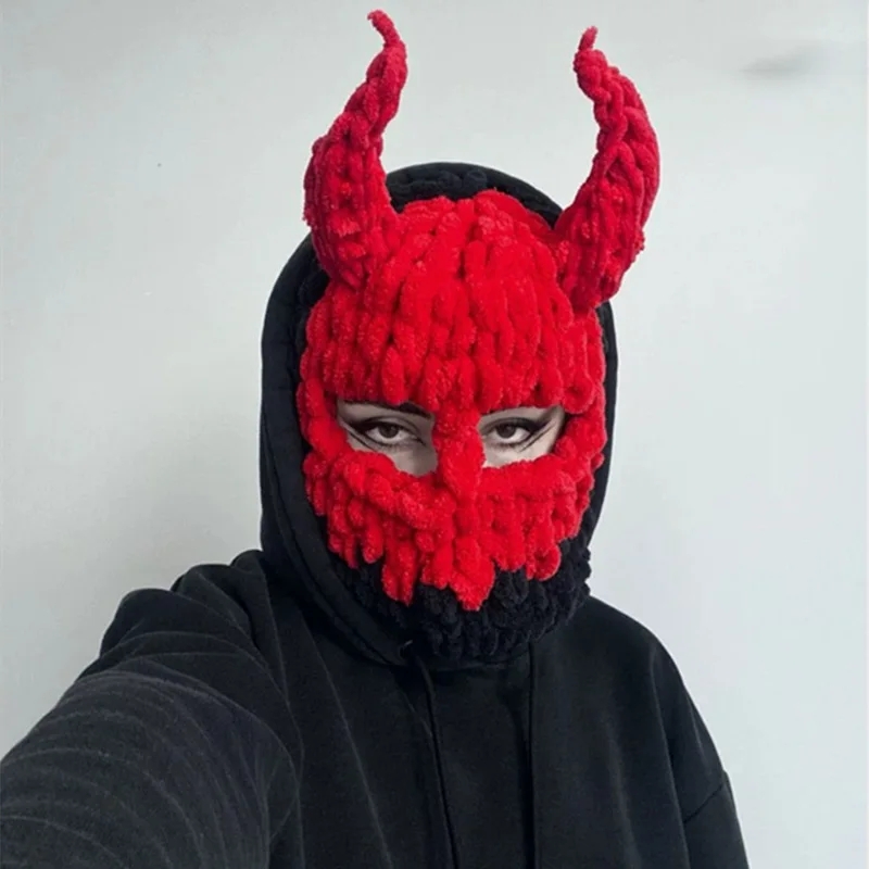 Devil Horns Beanie Knit Hats Halloween Warm Winter Caps Sewed Mouth Scars Design Ski Mask Headwear For Adults Teens
